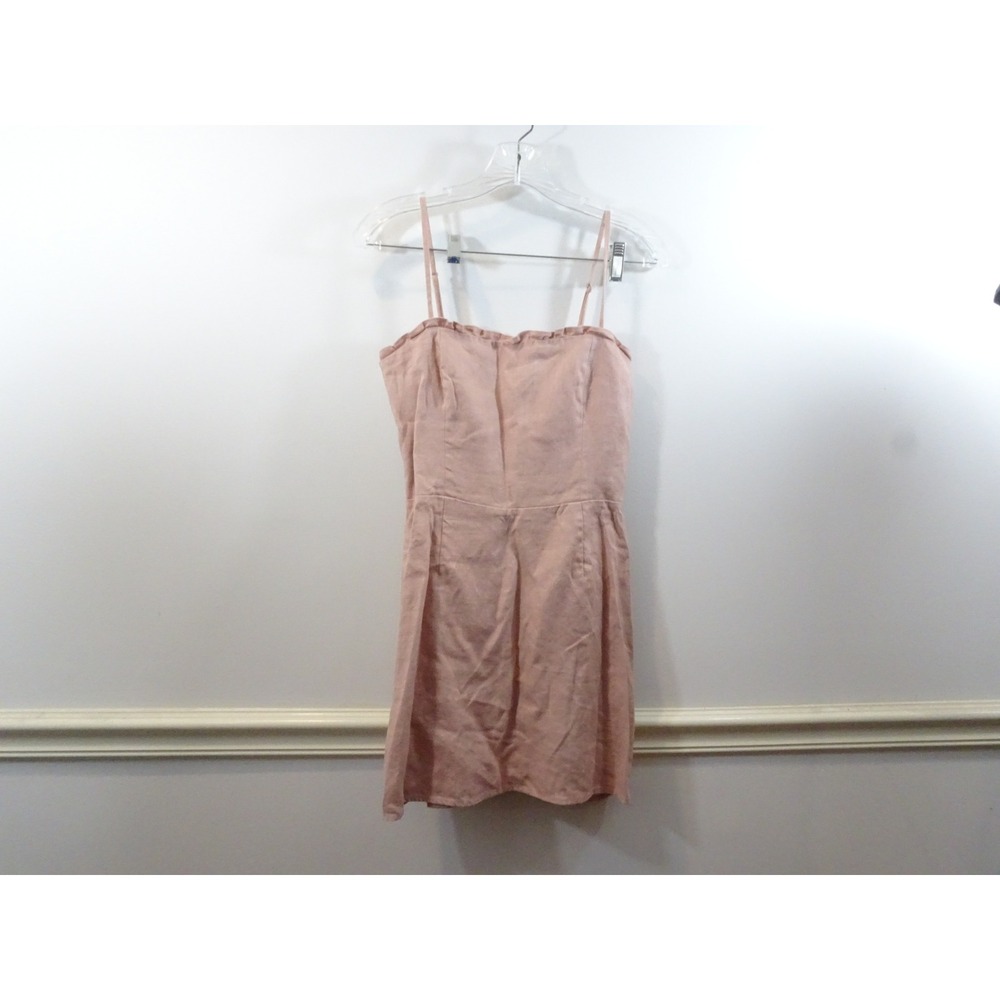 Reformation Pink Linen Ruffle Neck Smocked Back Mini Dress Adjustable Straps